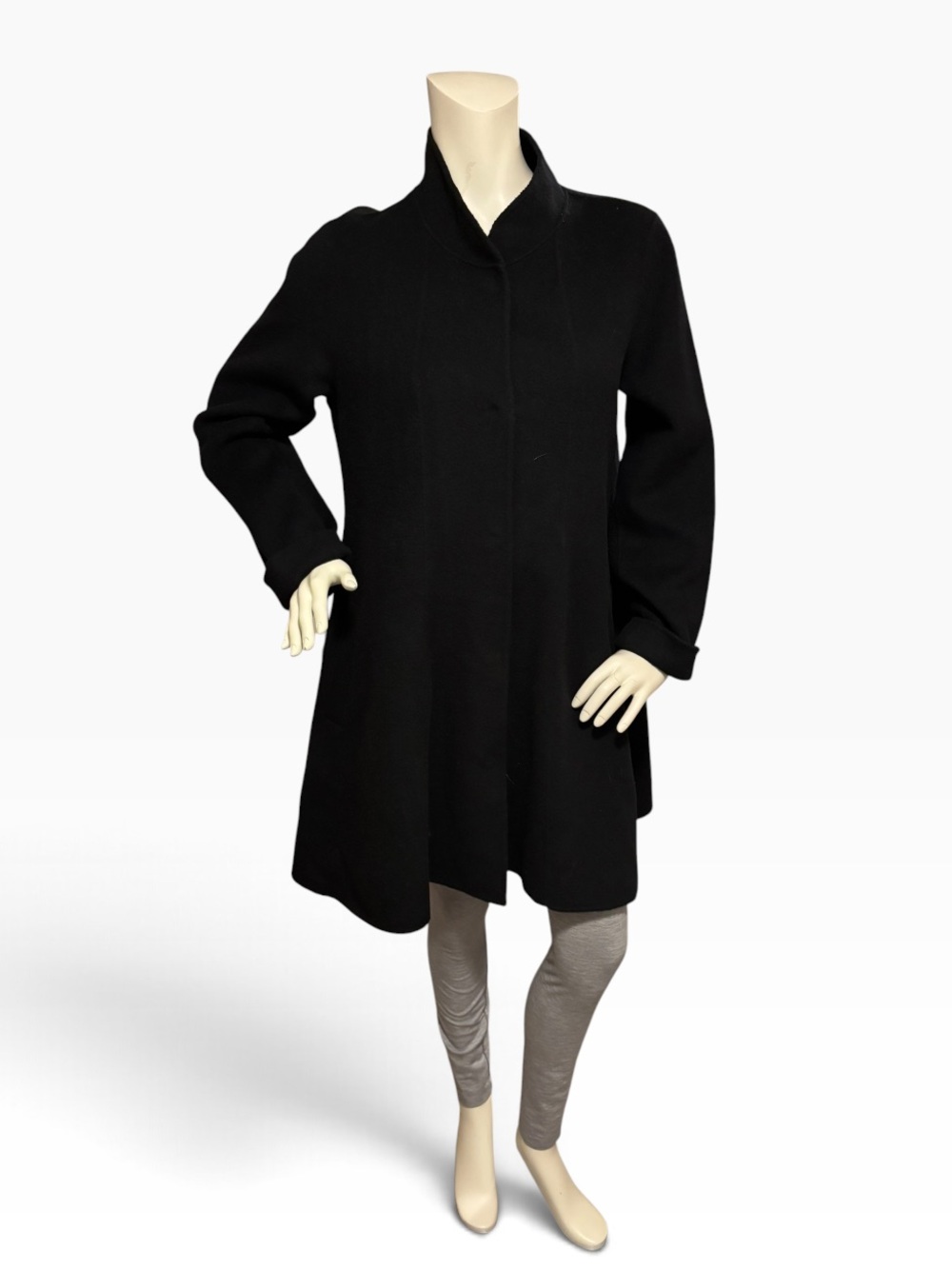 Eileen Fisher Wool Black Stand Collar Flowy Wool Pea Coat, Women’s Medium